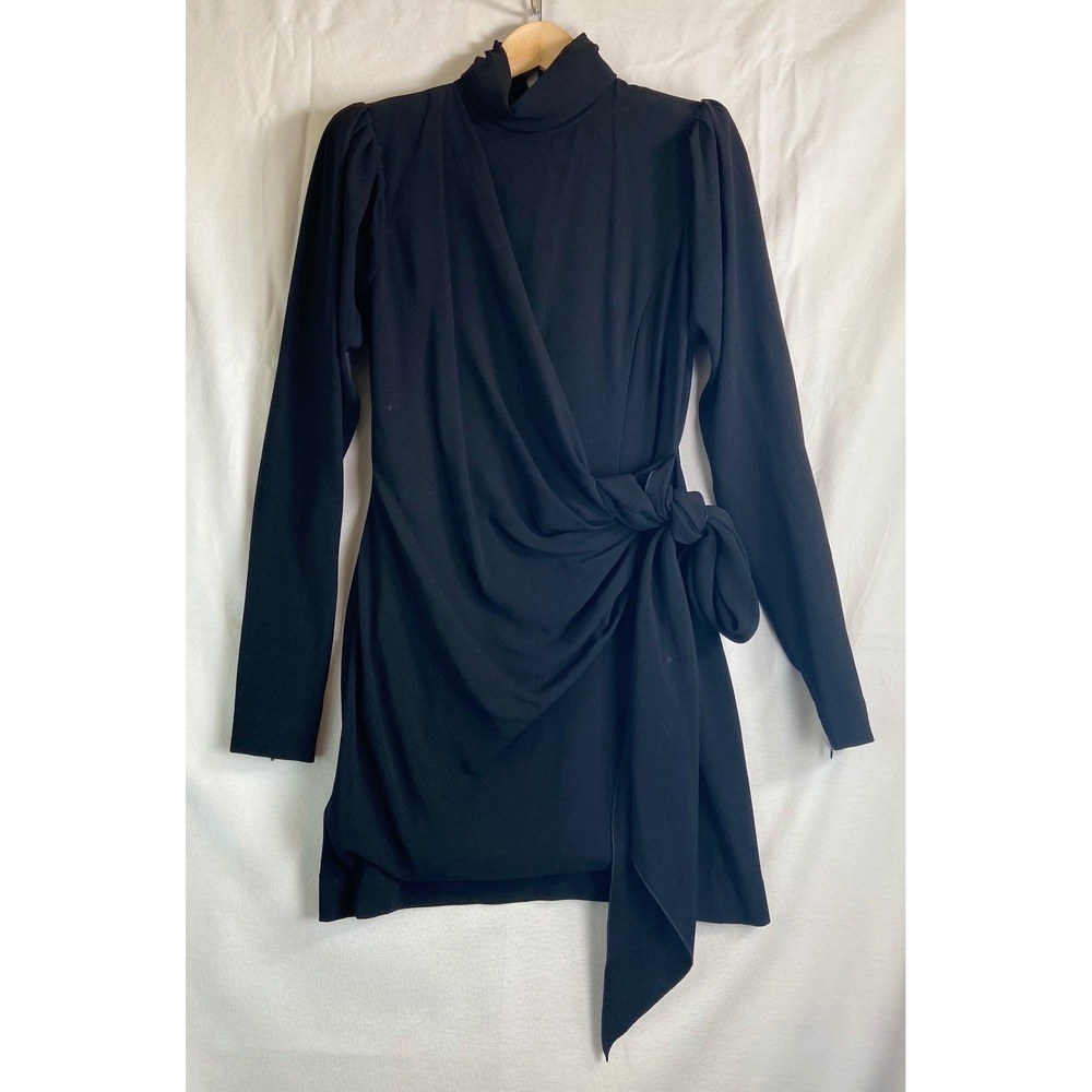 Skaist Taylor Black Mock Neck Draped Wrap Tie Mini Dress Size 8 Date Night